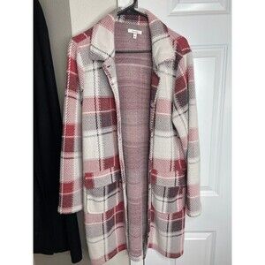 Maurices Plaid Academia Style Long Jacket Coat Red Ivory Open Front M